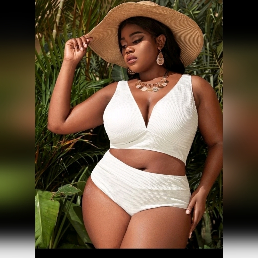 NEW WHITE 2 PIECE PLUS SIZE SWIM WEAR HIGH WAIST BATHING SUIT SIZE 4XL ~51" BUST